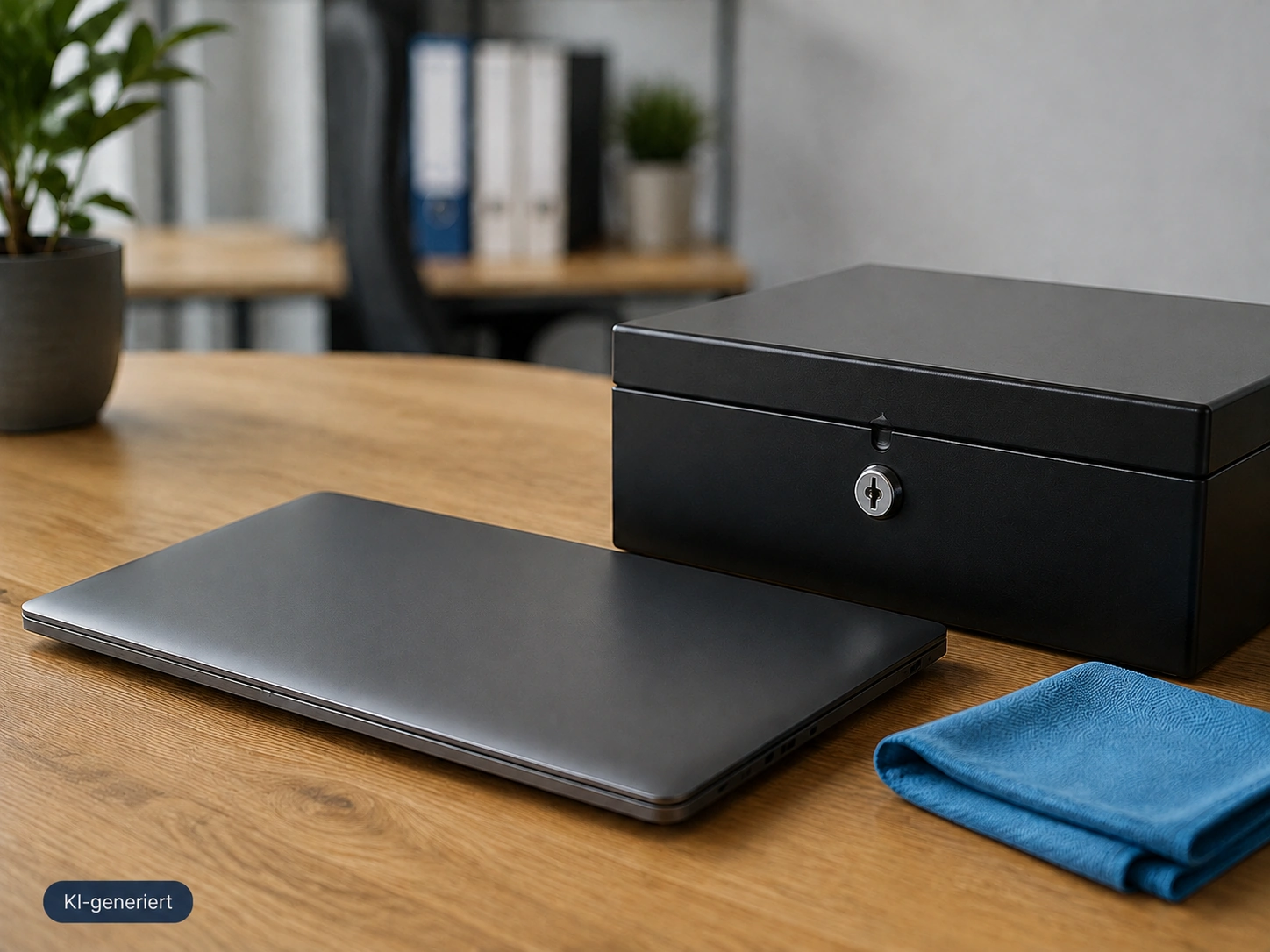 Abschließbare Dokumentenbox auf einem Schreibtisch – KI-Symbolbild zum Datenschutz.