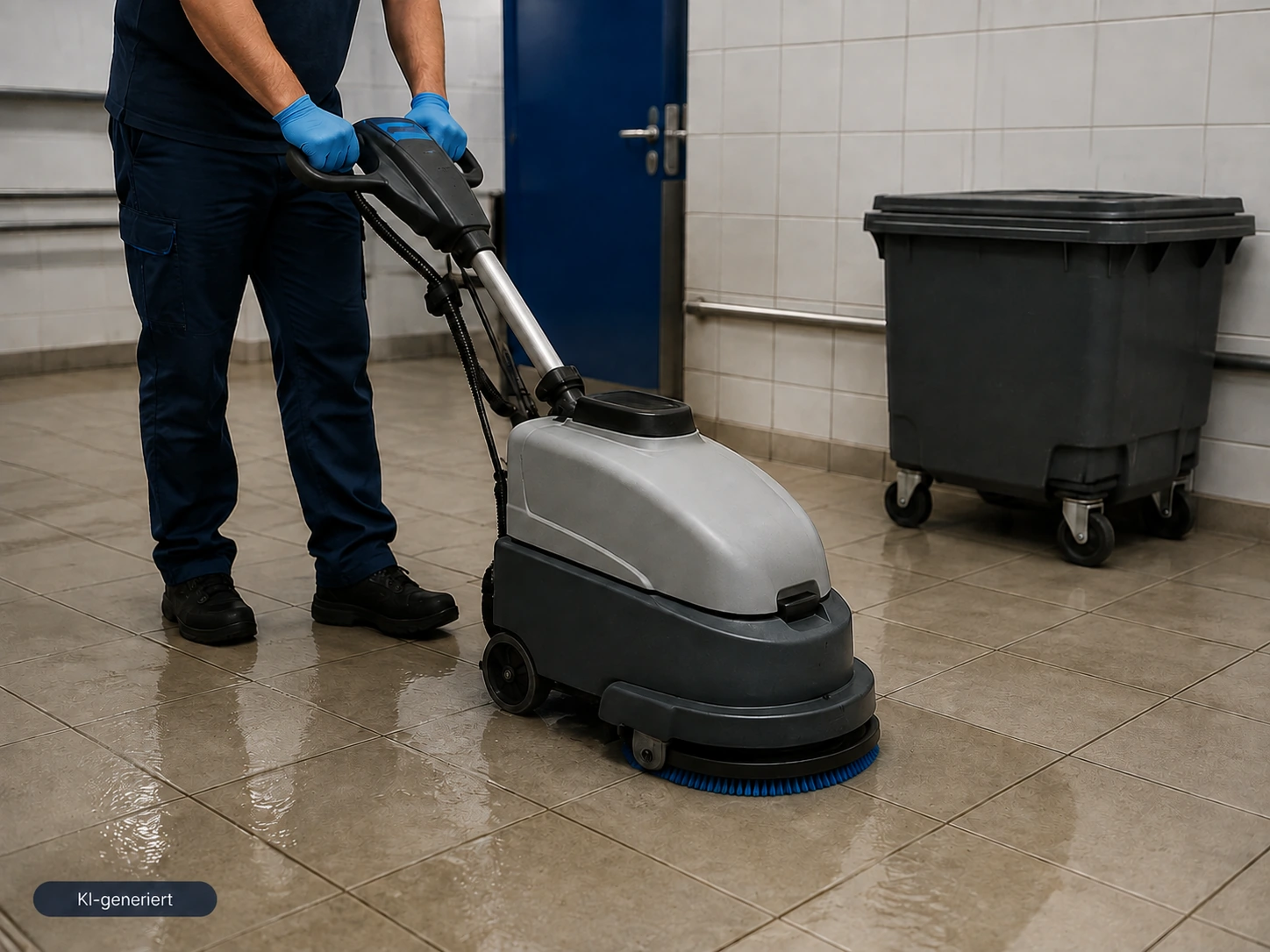 Fliesenboden mit Scheuersaugmaschine reinigen – KI-Symbolbild zur Grundreinigung von Glanzexpress in Recklinghausen.