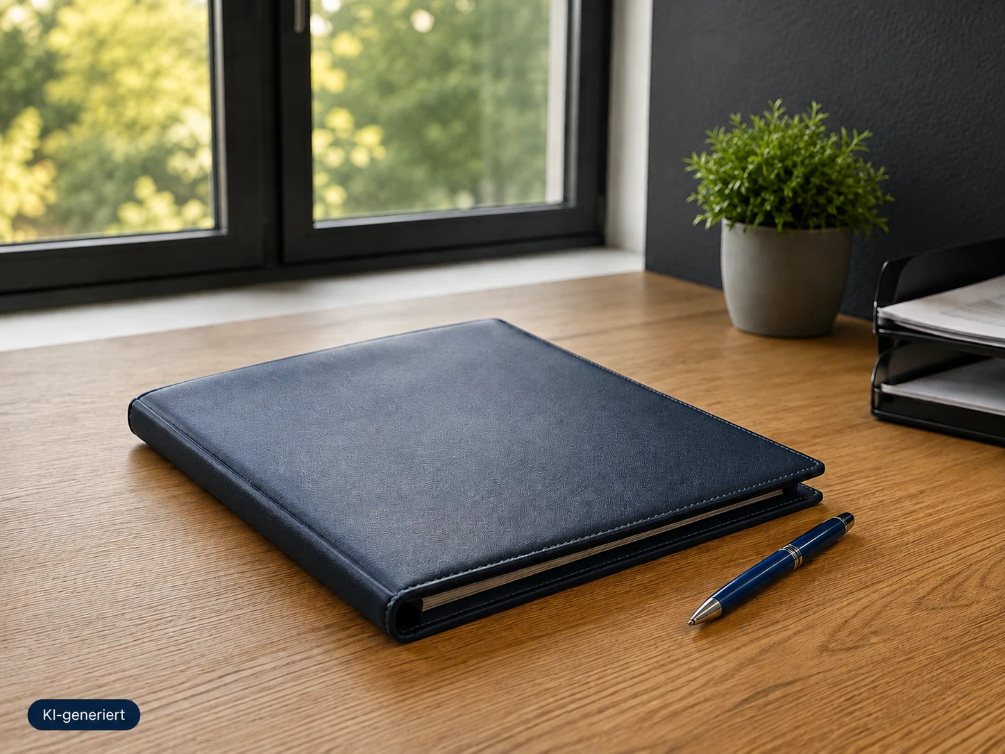 Geschlossene Geschäftsmappe mit Stift auf einem Schreibtisch – KI-Symbolbild zum Impressum.